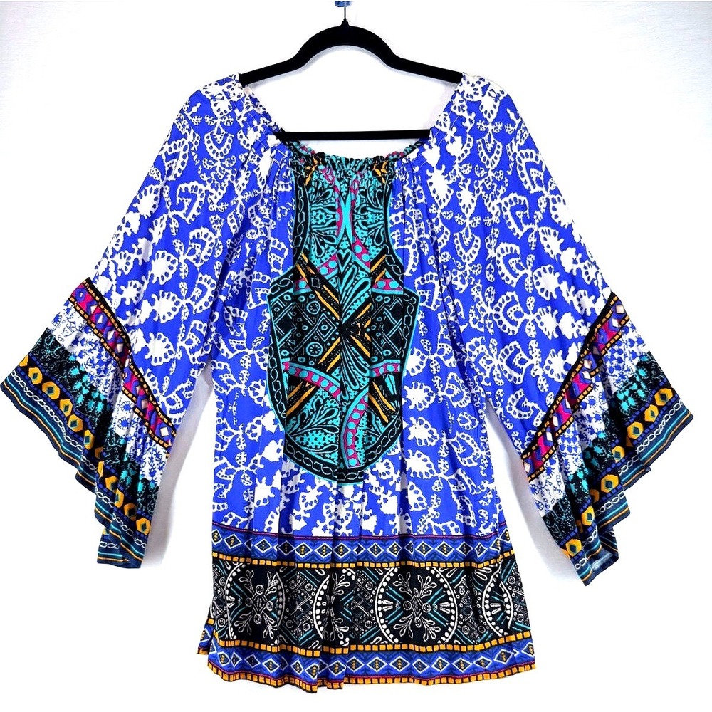 EVEREVE Off the Shoulder Dress S Boho Festival Blue Multicolor Dopamine Peasant